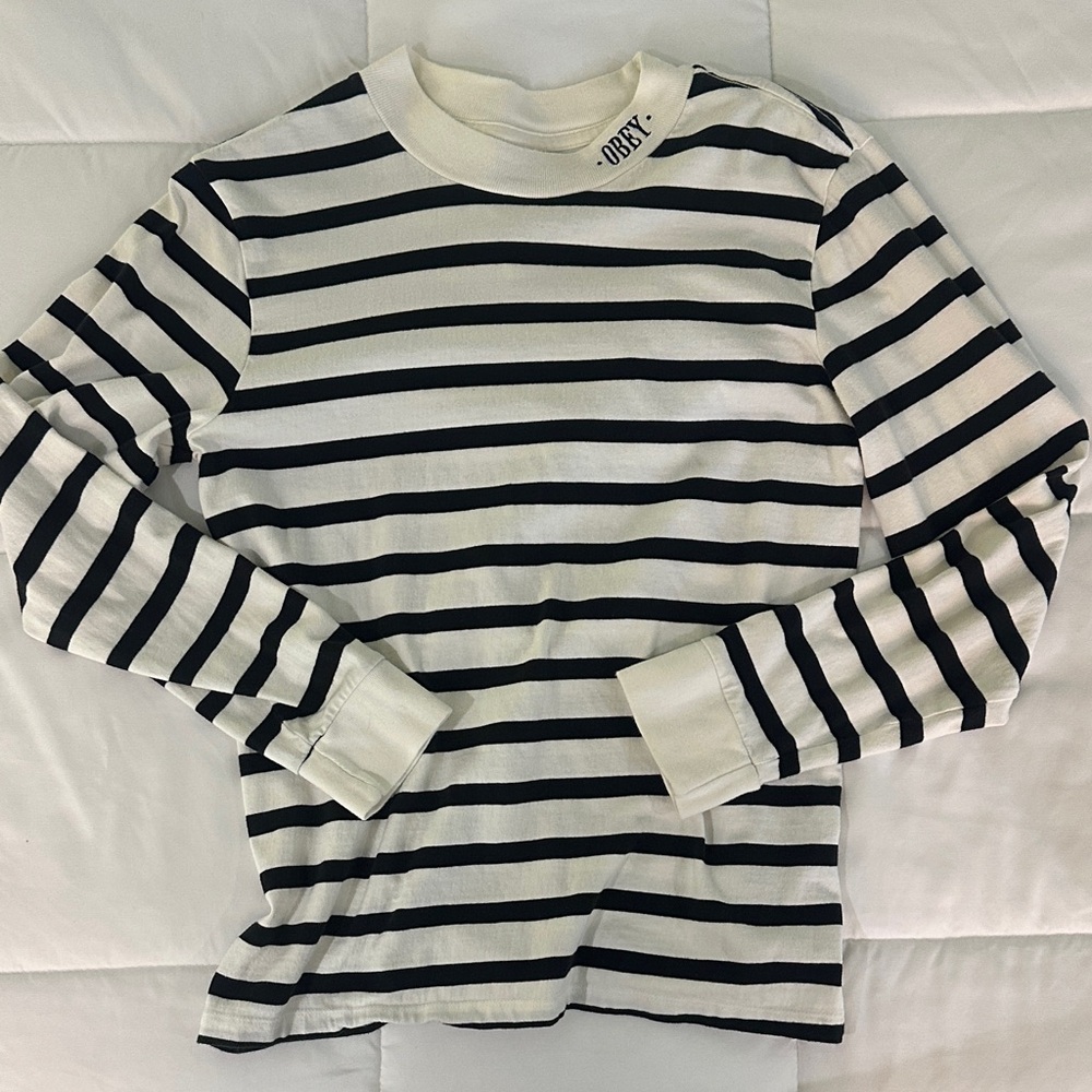 Obey Striped Long Sleeve Tee in Black and White